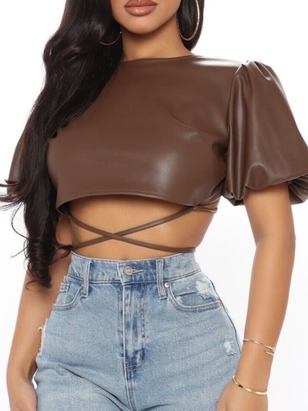 New Kirious Faux Leather Puff Sleeve Open Back Criss-Cross Crop Top Size XL